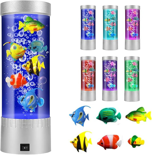 Bubble Fish Lamp with 6 Floating Fake Fish – LED Aquarium Night Light with Bubbles – Cylindrical Transparent Tank, Perfect for Kids’ Rooms, Offices, and Living Spaces