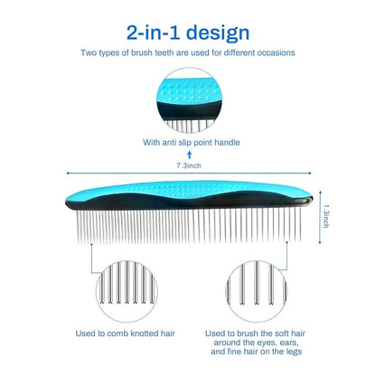 ROPO Dog comb Pet grooming comb Cat comb for removing matted fur Proper care prevents knots and mats in long and short-haired pets Non-slip comfort grip handles (Plastic rubber handle, Green)