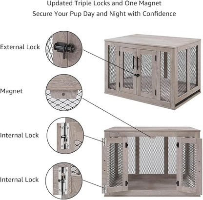 unipaws Dog Crate Furniture, Wooden Dog Kennel for Medium Breed, Indoor Decorative Wood Dog Cage, Inside Side End Table Crate with Removable Tray and Dog Bed, Dog Enclosure, for Dogs Up to 40 lbs