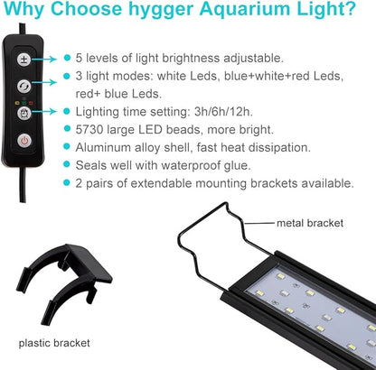 hygger 32W Full Spectrum Aquarium Light with Aluminum Alloy Shell Extendable Brackets, White Blue Red LEDs, External Controller, for Freshwater Fish Tank (46-52 inch)