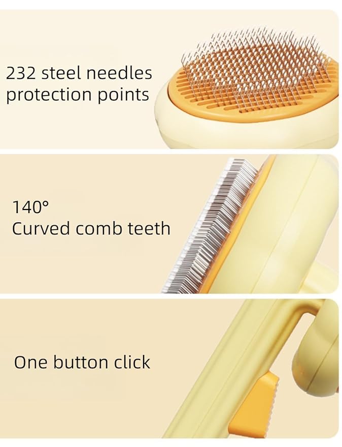 Cat Brush with Release Button, Pet Comb for Shedding and Tangles, Dog Hair Brush for Long and Short Hair, Grooming Tool for Removing Fleas and Fur Knots, Yellow ABS Plastic