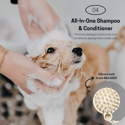 Hypoallergenic Dog Shampoo and Conditioner in 1, Cat Shampoo, Moisturizing, Tear-Free for Sensitive Skin, Puppies, with Pet-Friendly Fragrance, Includes Silicone Bath Brush