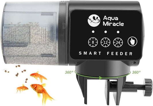 AquaMiracle Automatic Fish Feeder for Aquarium, Auto Fish Food Dispenser with Timer, Volume Adjustable Vacation Aquarium Feeder, for Granules Pallets Strips