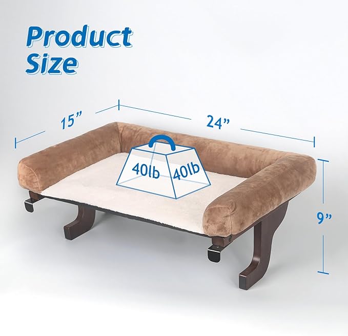 Zakkart Cat Perch for Window Sill with Bolster - Orthopedic Hammock Design with Premium Hardwood & Robust Metal Frame - Cat Window Seat for Large Cats and Kittens - Dark Stained Wood with Brown Bed