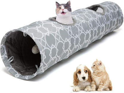 LUCKITTY Geometric Straight Cat Tunnel with Plush Inside,Cats Toys Collapsible Tunnel Tube with Balls, for Rabbits, Kittens, Ferrets,Puppy, Diameter 9.8 Inch