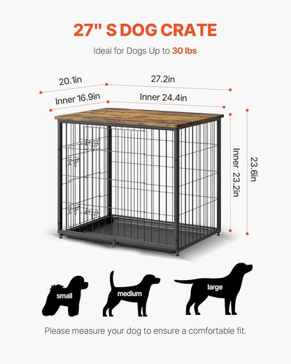 VEVOR 27" Dog Crate Furniture With Double Doors, 2-in-1 Decorative Wooden Kennel End Table, Removable Tray, Holds up to 30 lbs for Small, Medium Dogs - Brown