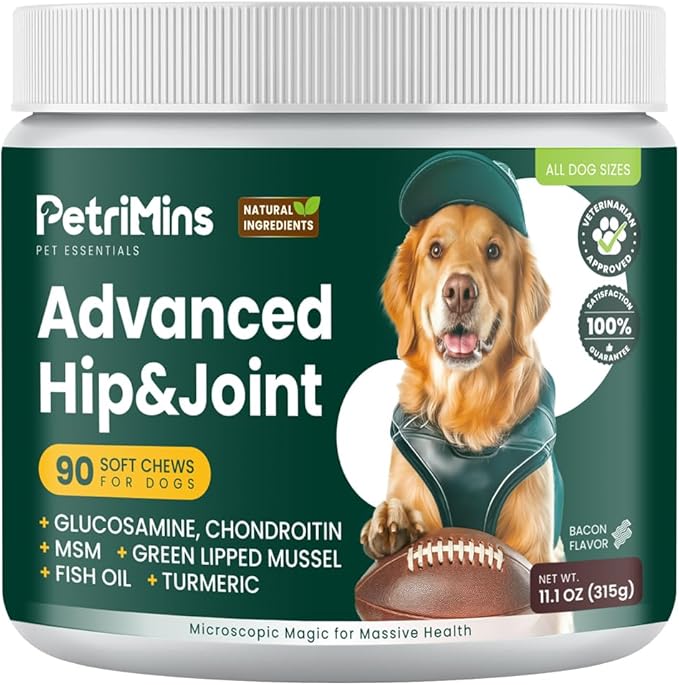 Advanced Hip & Joint Supplement for Dogs with Glucosamine and Chondroitin, for Dogs Glucosamine, Organic Turmeric, Egg Shell Membrane, Green Lipped Mussel, 90-Count, Bacon
