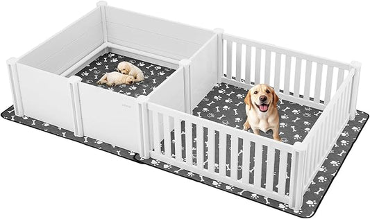 VEVOR Dogs Whelping Box, 93.3x48.4x18.1 inch, Plastic PVC Puppies Playpen with Height Adjustable Door and Washable Pee Pad, 2-Room Layout Indoor Puppy Play Pen for Extra Large Breed Dogs, Milk White