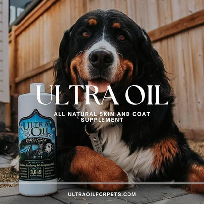 Ultra Oil Skin and Coat Supplement for Dogs and Cats with Hemp Seed Oil, Flaxseed Oil, Grape Seed Oil, Fish Oil for Relief from Dry Itchy Skin, Dull Coat, Hot Spots, Dandruff, and Allergies 128 Ounce