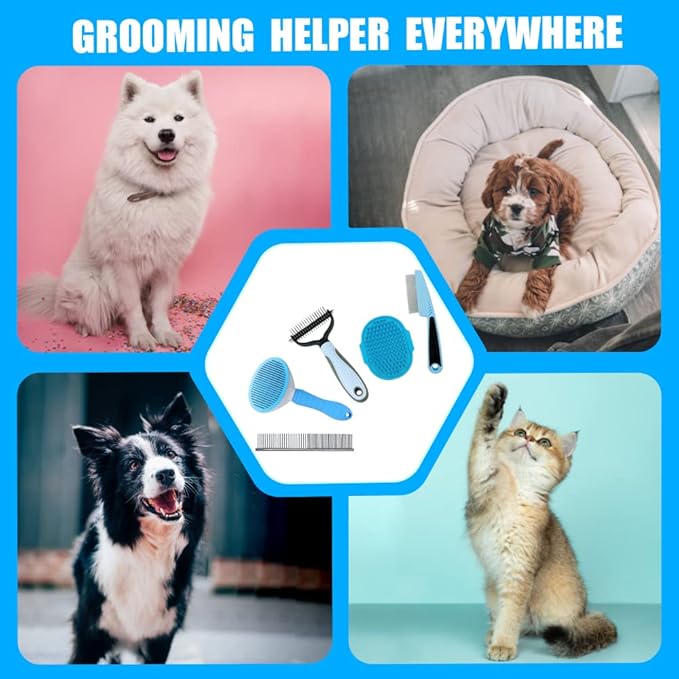 Dog Grooming Kit - 5 Pieces: Slicker Brush, Shedding Brush, Puppy Brush, Flea Comb, and Detangler Hair Brush Set in Blue