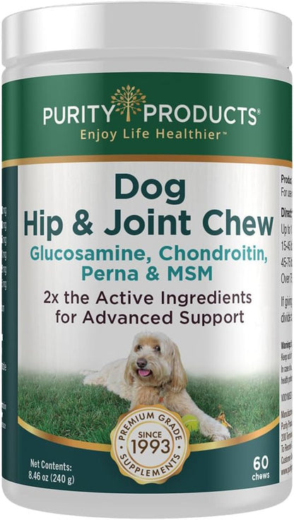 Purity Products Dog Hip and Joint Advanced Support Chews MSM, Glucosamine, Chondroitin & Perna (Green-Lipped Mussel) - Supports Canine Cartilage Health, Mobility, Flexibility & Comfort - 60 Chews