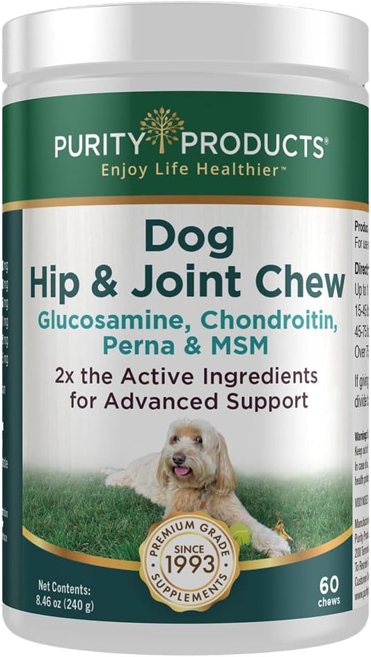 Purity Products Dog Hip and Joint Advanced Support Chews MSM, Glucosamine, Chondroitin & Perna (Green-Lipped Mussel) - Supports Canine Cartilage Health, Mobility, Flexibility & Comfort - 60 Chews