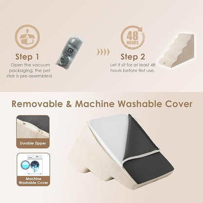 EHEYCIGA Curved Dog Stairs Ramp for High Beds 22.6" H, 5-Step Dog Steps for Small Dogs and Cats, Pet Stairs for High Bed Climbing, Non-Slip Balanced Pet Step Indoor, Beige