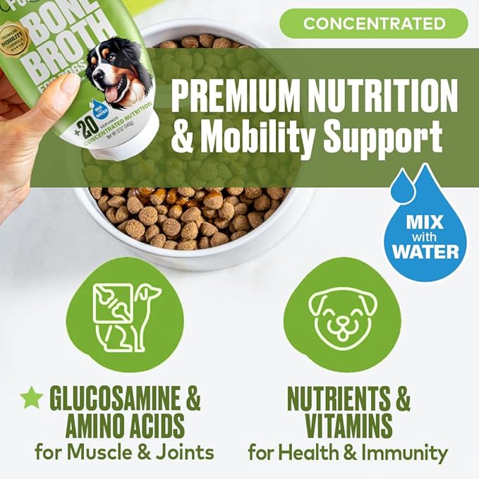 Mobility Support Beef Bone Broth for Dogs | Hip & Joint Support for Dogs | Glucosamine & Amino Acid Boosted | Human Grade Ingredients | Just add Water | Made in USA, 12 oz, 2 Pack