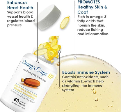 Omega Caps HP Snip Tips for Cats and Small Dogs High Potency EPA and DHA Maximum Bioavailability Fish Oil Supplement Vet Formulated Made in USA Skin Coat Joint and Heart Health 60 Capsules