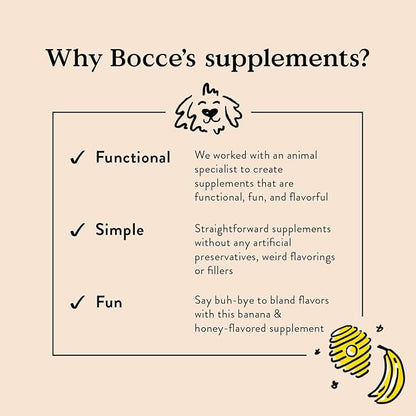 Bocce's Bakery Calming Supplement for Dogs, Daily Chews Made in The USA with Chamomile, Lemon Balm, L-Theanine & Melatonin, Supports Stress, Banana & Honey, 60 ct