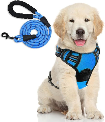 Dog Harness and Leash Duo, No Pull Vest Harness with 5 Ft Leash, Soft padded Vest, No-Choke Oxford Pet Harness, Easy Control Handle and Adjustable Pet Harness (Blue, Medium)