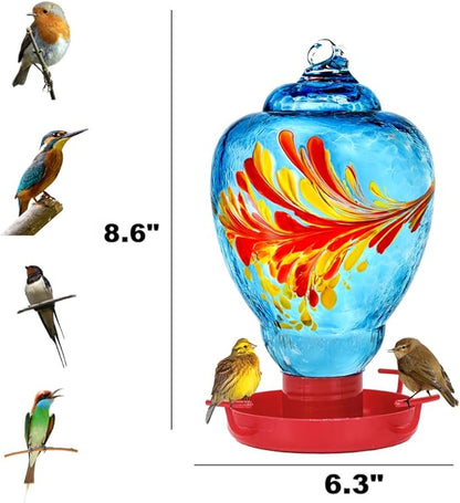 Colorful Glass Wild Bird Waterer 32 Oz Bird Water Feeder for Outdoors Garden Outside Water Cooler Tree Yard Decoration (Blue)