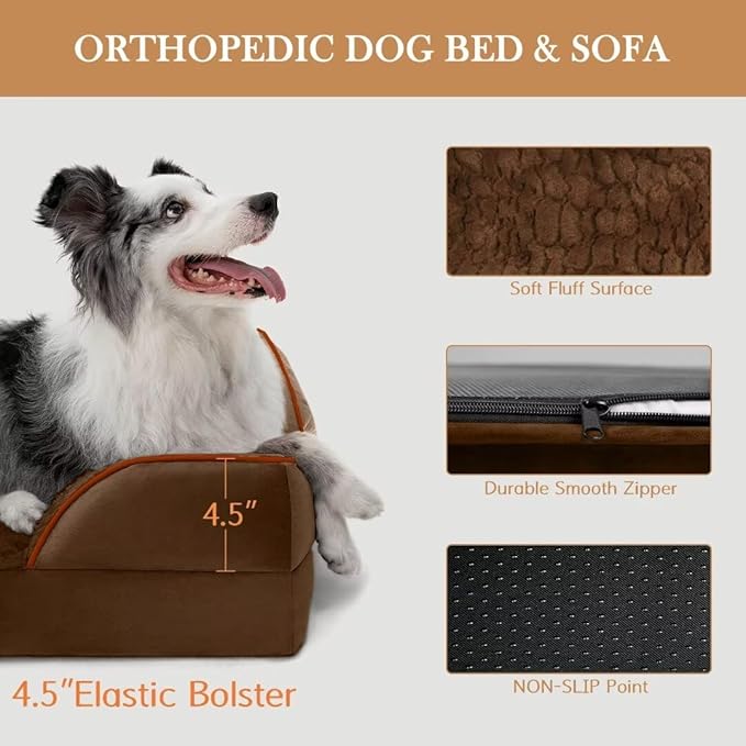 Large Dog Beds Orthopedic Foam, Waterproof Dog Beds for Large Dogs, Comfy Pet Bed Sofa with Washable Removable Cover & Non-Slip Bottom(Large,Chocolate Brown)