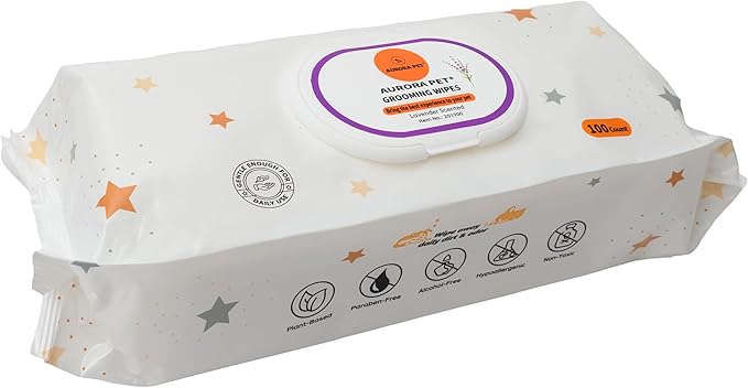 Aurora Pet Wipes – 100% Natural, Plant-Based Hypoallergenic Grooming Wipes for Dogs & Cats – Extra-Durable, Large & Thick for Effortless Cleaning (Lavender, 100 Count)