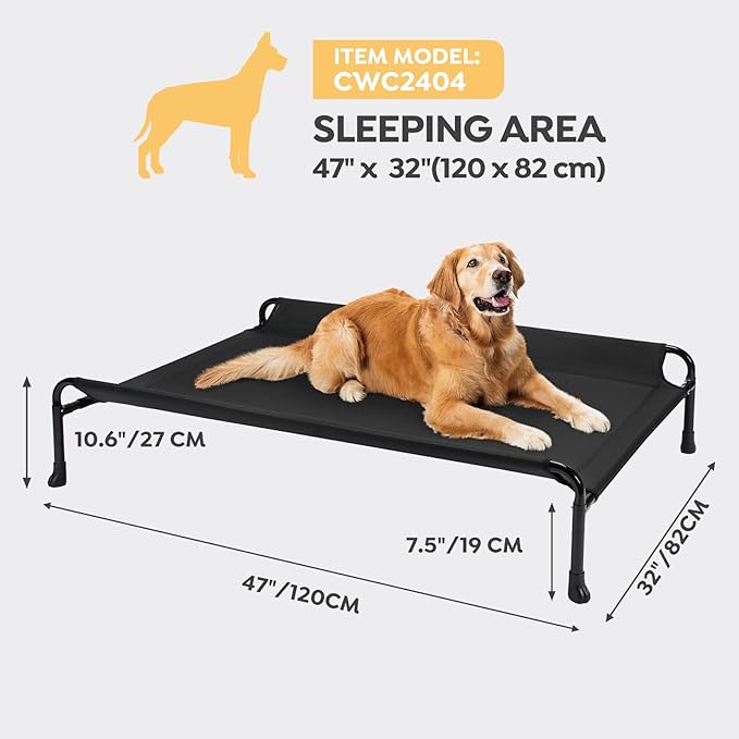 Veehoo Cooling Elevated Dog Bed, Raised Dog Beds for Large Dogs, Outdoor Dog Bed with Guardrail, Upgraded Non-Slip Feet, Breathable Teslin Mesh, Portable Camping Dog Cot, X-Large, Black, CWC2404