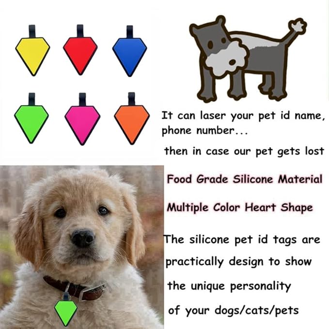 6 Pack Original Silent Diamond Shape Silicone Pet Tag,Modifiable ID Dog Tags,with Double Blank Sides to Engrave,6 Attractive Colors in One Set