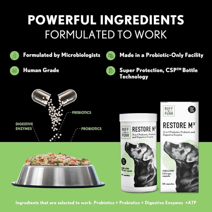 Ruff & Purr Probiotics for Dogs  3-in-1 Probiotics, Prebiotics and Digestive Enzymes for Gut Health, Immune Support, Healthy Skin and Coat  Clinically Studied DE111 & PreforPro