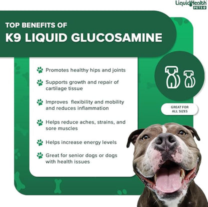 LIQUIDHEALTH Pets K9 Liquid Glucosamine for Dogs, Puppies, Senior Canines with Chondroitin, MSM, Hyaluronic Acid - Dog Vitamins for Hip Joint Health, Dog Joint Oil, Joint Juice - Made in USA (3 Pack)