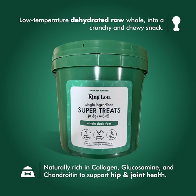 King Lou Duck Feet for Dog and Cat Treats – Dehydrated Single Ingredient Whole Duck Feet – Crunchy Chews for Pets – Protein-Rich Snack – 120 Count