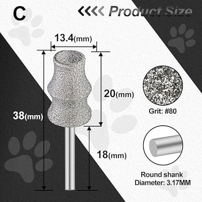 Diamond Dog Nail Grinder Bits - FOCSTOL Diamond Rotory Bit for Dogs&Pets, 1/8'' Rotary Nail Grinder Bits for Animals Nail Care (Type C)
