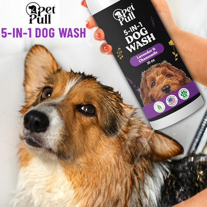 5-in-1 Dog Wash - Plant Based Dog Grooming Supplies for Dogs Cleanses - Skin Care Dog Wash Shampoo - Sulfate Free, All Natural Puppy Wash -Lavender and Chamomile Scent -Made in USA (16 Fl Oz)