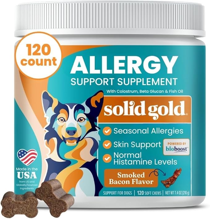 Solid Gold Dog Allergy Relief Chews - Dog Itching Skin Relief & Seasonal Allergies Support - Alaskan Salmon Oil for Dogs Skin, Coat & Immune Support - Bacon Flavor Soft Allergy Chews for Dogs -120ct