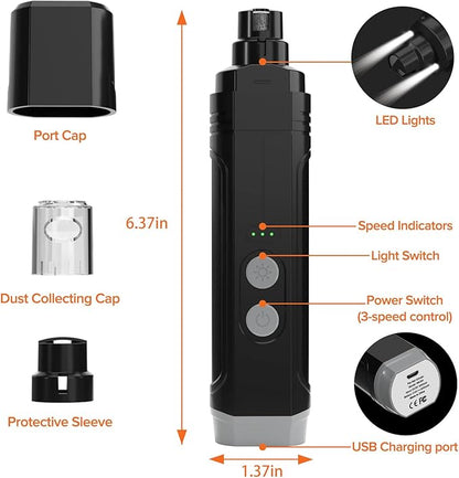 NUMINA Dog Nail Grinder with 2 LED Light 3-Speed Professional Electric Rechargeable Pet Nail Trimmer Quiet Painless Paws Grooming & Smoothing for Small Medium Large Dogs & Cats (Black)