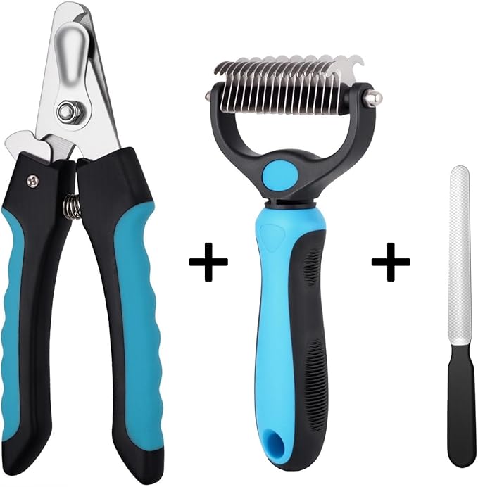 All-in-One Pet Grooming Kit: Nail Clippers with Safety Guard, Nail File & Dematting Comb, Comfortable for Pets & Owners