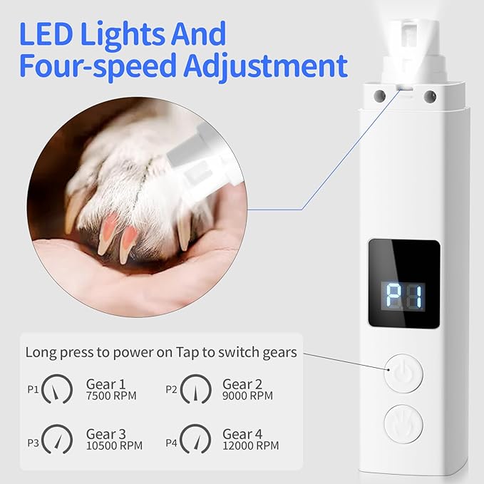 Professional 4-Speed Dog Nail Grinder, Electric Rechargeable Dog Nail Grinder with UV & Interactive Lights, Rechargeable Quiet Pet Nail Grinder, Nail Clippers for All Type Dogs Cat (White)