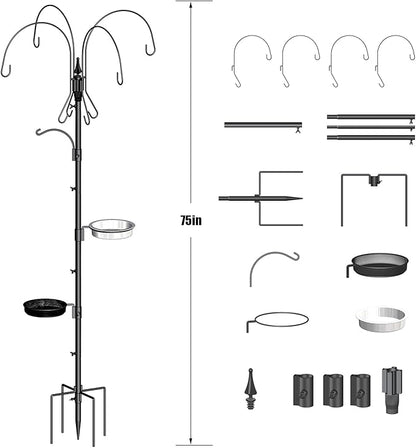 Bird Feeder Pole, 75 Inch 5 Hooks Heavy-Duty Feeder and Water Dispenser Shepherd, Bird Feeding Station with Ground Stake for Outdoors Shepherd Hook