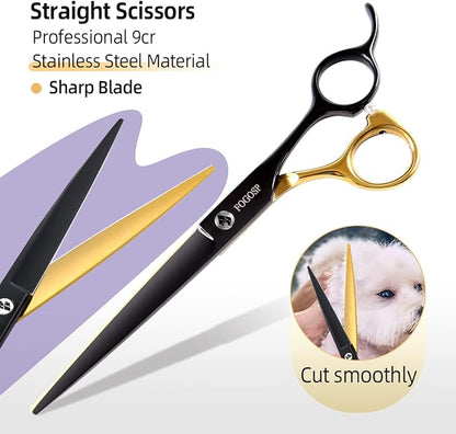 Dog Grooming Scissors Kit for Small Dogs, Black and Gold Two-Color Blender Shears Chunker Shears Curved Scissors Straight Scissors 4 pcs Set(Black&Gold,Kit)