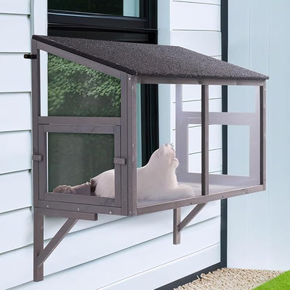 beeNbkks Prevent Conditioned Air Loss, Bug Proof Cat Catio, Window Cat House with Clear Acrylic Screens, Outdoor Enclosure for Indoor Pets, Expandable Wooden Perch, Safe Comfortable Haven for Pets
