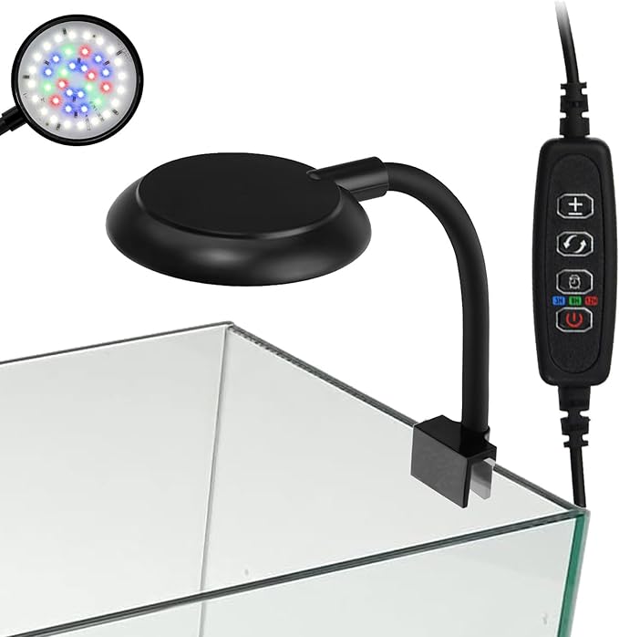 Clip On Aquarium Light with Timer for 1-3 Gal Fish Tank, USB Betta Fish Light for Nano/Small/Planted Tank(Dimmable WRGB LED) Adjustable Brightness, Enhance Betta/Aquatic Plants Color