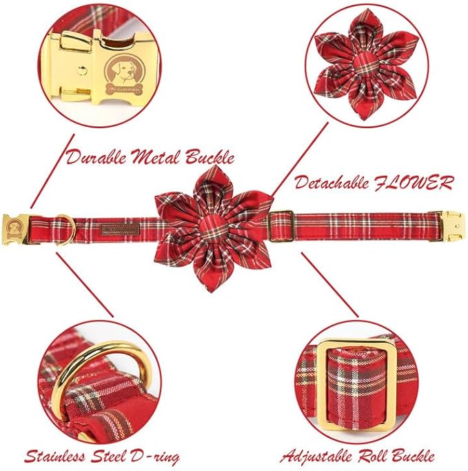 MR. CHUBBYFACE Christmas Red Plaid Dog Collar with Flower, Cotton Christmas Collar with Metal Buckle, Boy Girl Dog Collars for Small Medium Large Dogs