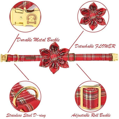 MR. CHUBBYFACE Christmas Red Plaid Dog Collar with Flower, Cotton Christmas Collar with Metal Buckle, Boy Girl Dog Collars for Small Medium Large Dogs