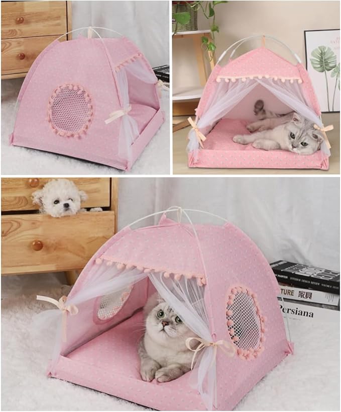 Cat Bed Tents Dog House Indoor Outdoor Lace Mesh Breathable Windows Door Curtains Removable Portable Nest Teepe House (Small,Pink(Flower))