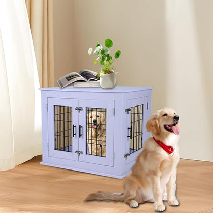 31.5" Heavy Duty Dog Crate for Medium Small Dogs, Furniture Style cage with Double Doors Pet House Wooden Cage Modern Kennel FurnitureIndoor for Dogs up to 85 lb (White)