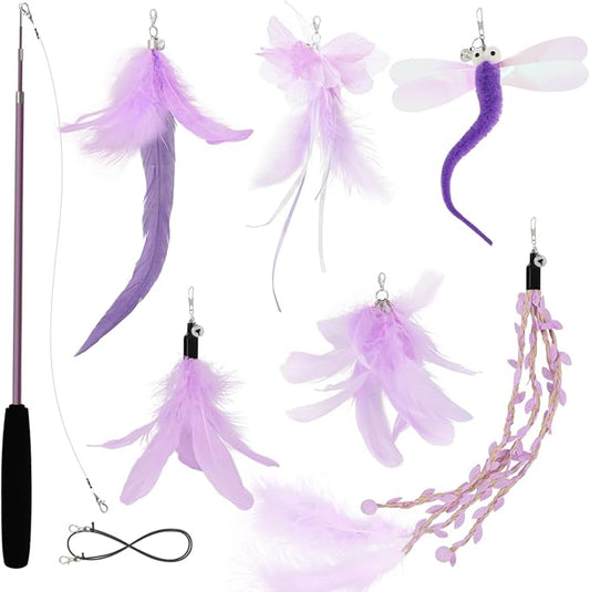 SONGWAY Cat Wand Toys for Indoor Cats - Cat Toy Set with Retractable Teaser Wand and 6 PCS Fairy Feather Toy Refills, Dragonfly Tassel Cat Toys Interactive, Purple