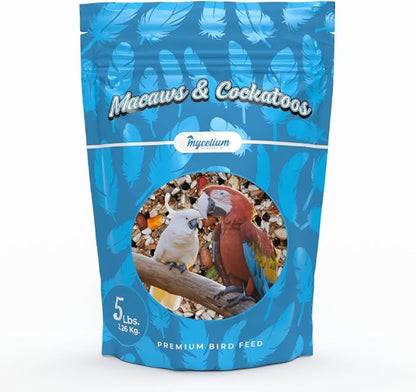 Mycelium Premium Macaw & Cockatoo Food | High Protein & Fiber | Safe & Clean Pet Bird Food | Seed Blend with Vitamins, Corn, Buckwheat, Sunflower, Peanuts & Hemp Seed | Organic, Non-GMO 5 lb Bag