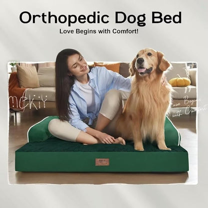 Large Dog Bed Orthopedic Washable - Waterproof Removable Cover - Medium XLarge Big Dogs - Egg Foam Couch - Emerald Dog Beds Bolster with Sides