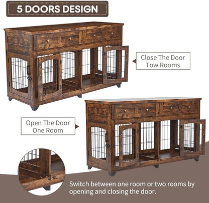 Large Dog Crate Furniture, Double Dog Kennel Furniture with 2 Drawers and Removable Divider, XXL Heavy Duty Wood Dog Crate Table for 2 Dogs Indoor (Rustic Brown, 58in)