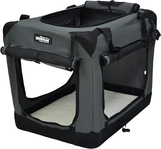 EliteField 4-Door Folding Soft Dog Crate with Curtains, Carrying Bag and Fleece Bed (2 Year Warranty), Indoor & Outdoor Pet Home (24" L x 18" W x 21" H, Gray+4 Door Curtains)