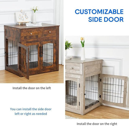 Dog Crate Furniture with 3 Doors,39.4" Large Dog Crate with 2 Drawer & Cushion,Wooden Dog House Kennel for Medium/Large Dog (39.4" L_23.6" W_40" H)