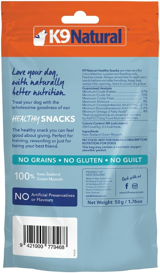 K9 Natural, Freeze-Dried Single Ingredient Dog Treats, High-Value, Low-Calorie Protein Bites for Active Dogs, Healthy Dog Training Treats, Grain-Free Reward, Green Mussles, 1.76oz (Pack of 2)